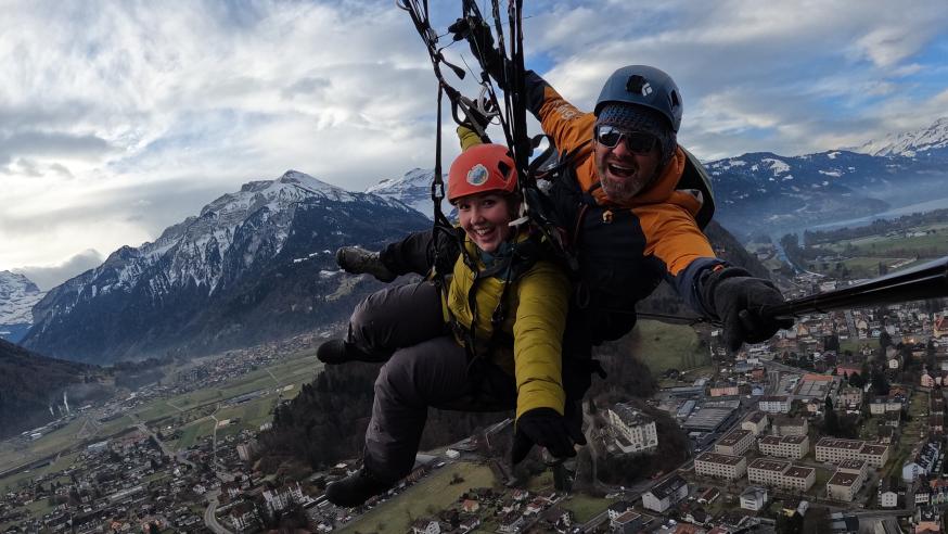 Rachel Stein skydiving with an instructor