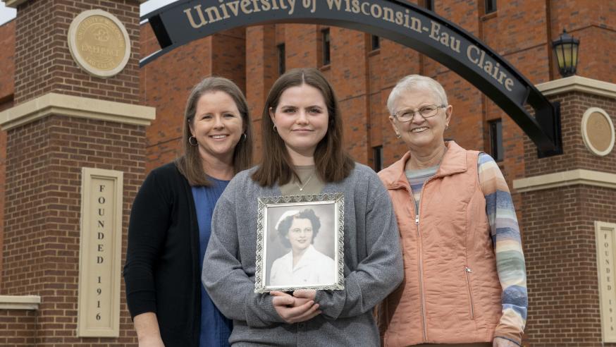 New UW-Eau Claire freshman Lucy Franklin (center) is the fourth generation of Blugolds in her family. Her mother, Beth Franklin, (left) and grandmother, Christy Linderholm, (right) both are UW-Eau Claire graduates.