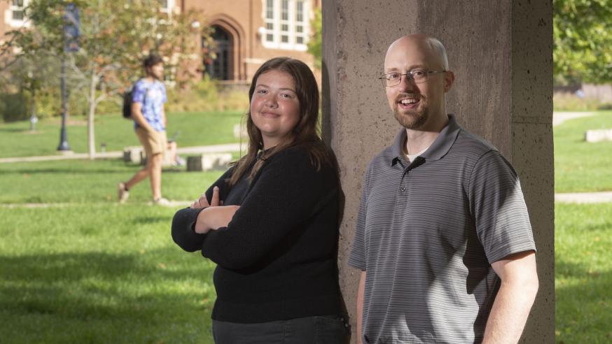 Dr. Eric Kasper teaches political science at UW-Eau Claire, his alma mater. This fall, his daughter, Maddie, joined him on campus and began working toward her own degree in political science. (Photo by Bill Hoepner)