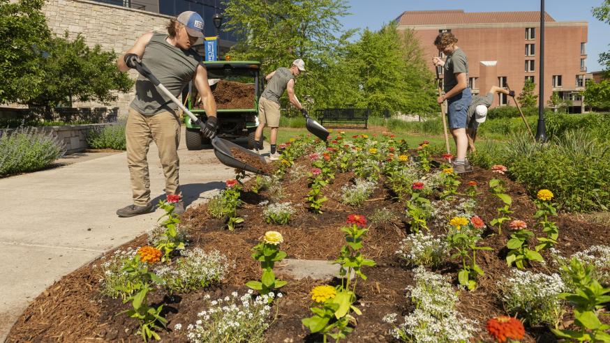 UW-Eau Claire grounds crew working on a flower bed.