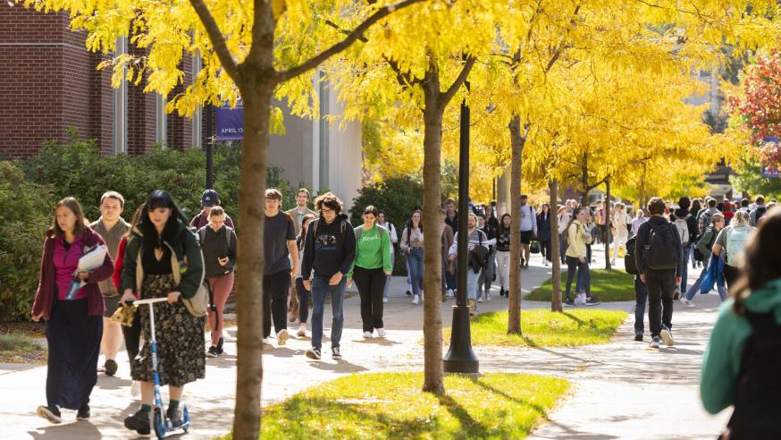 Students walking on campus in fall