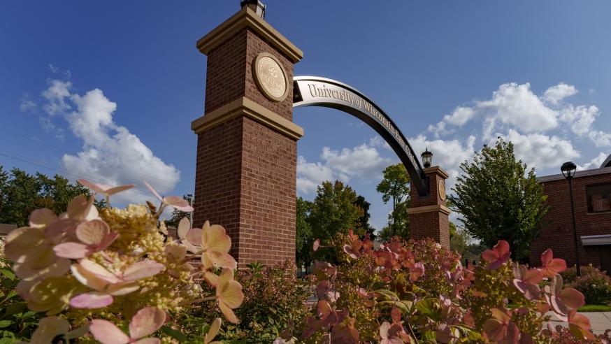 Stowe Gateway at UW-Eau Claire in fall sunshine