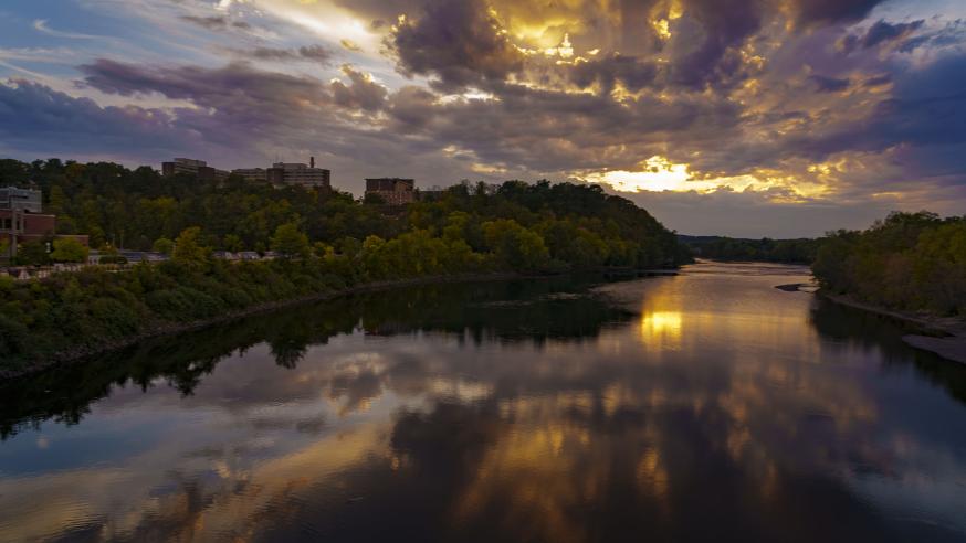 spectacular sunset over the Chippewa River, purples, blues, gold