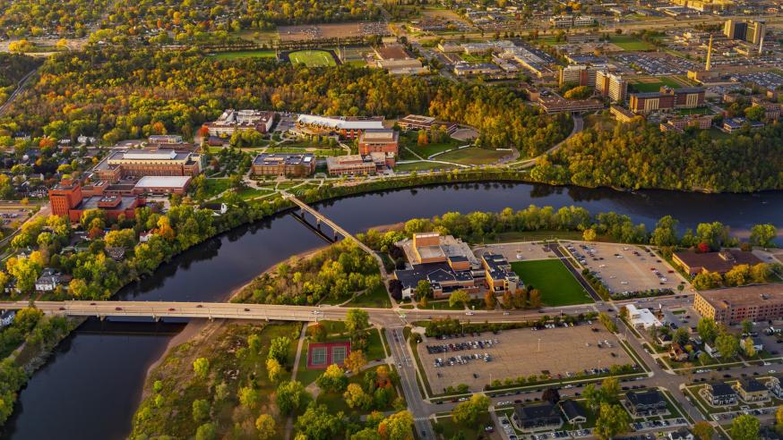 aerial shot of all of campus and Water St