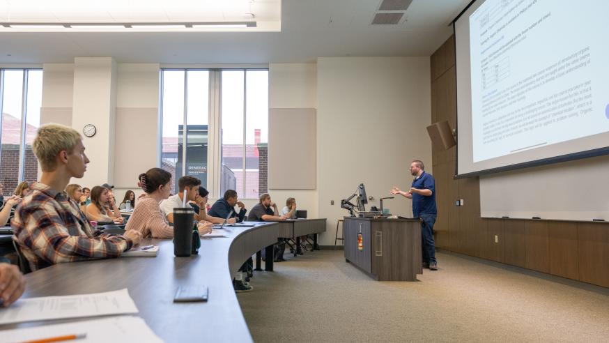 large lecture hall chemistry class on first day of classes