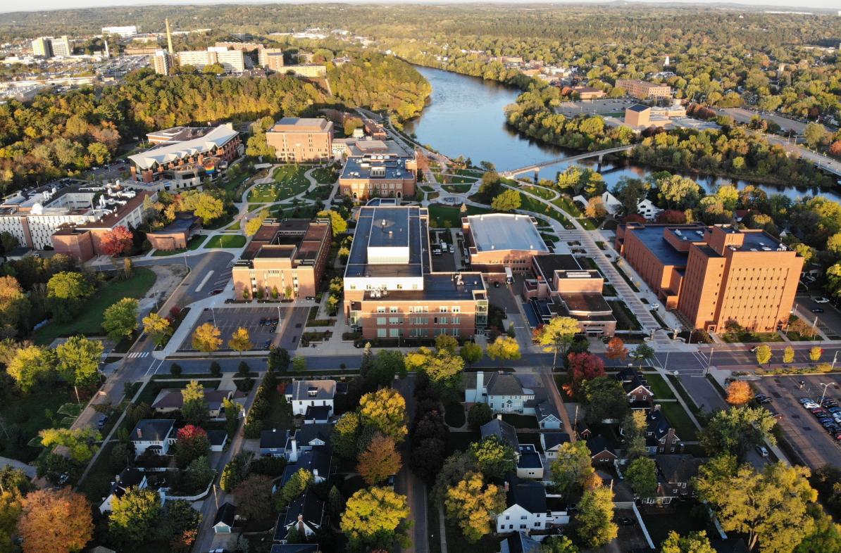 Wide angle drone view of all campus and neighborhood