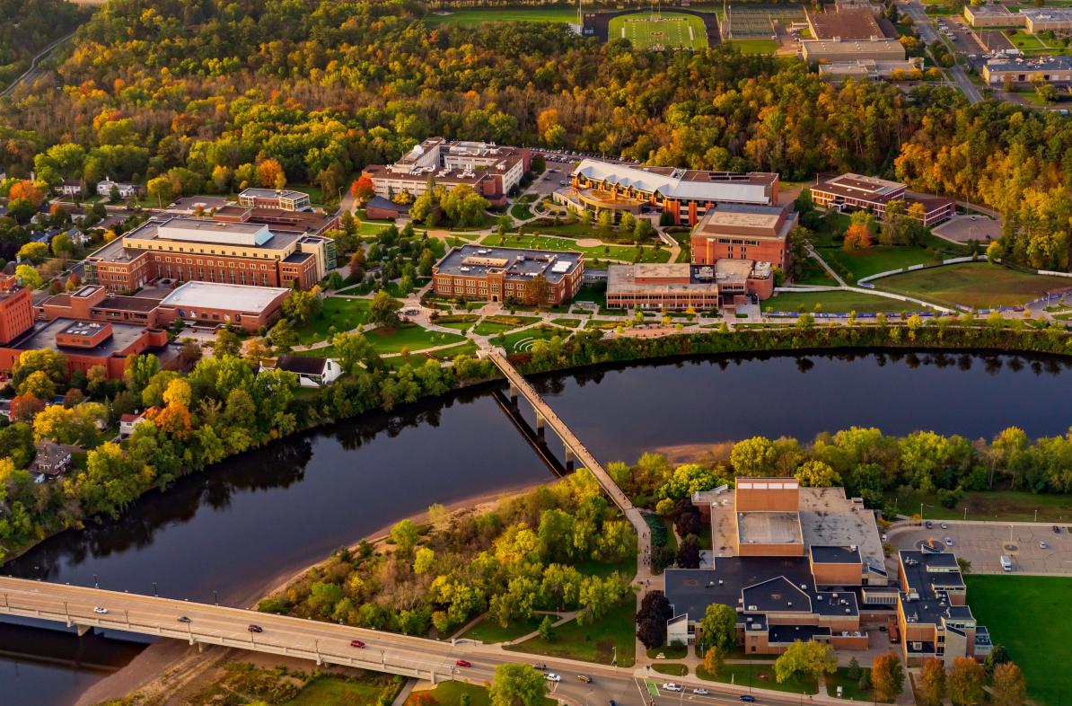 campus aerial in fall colors starting