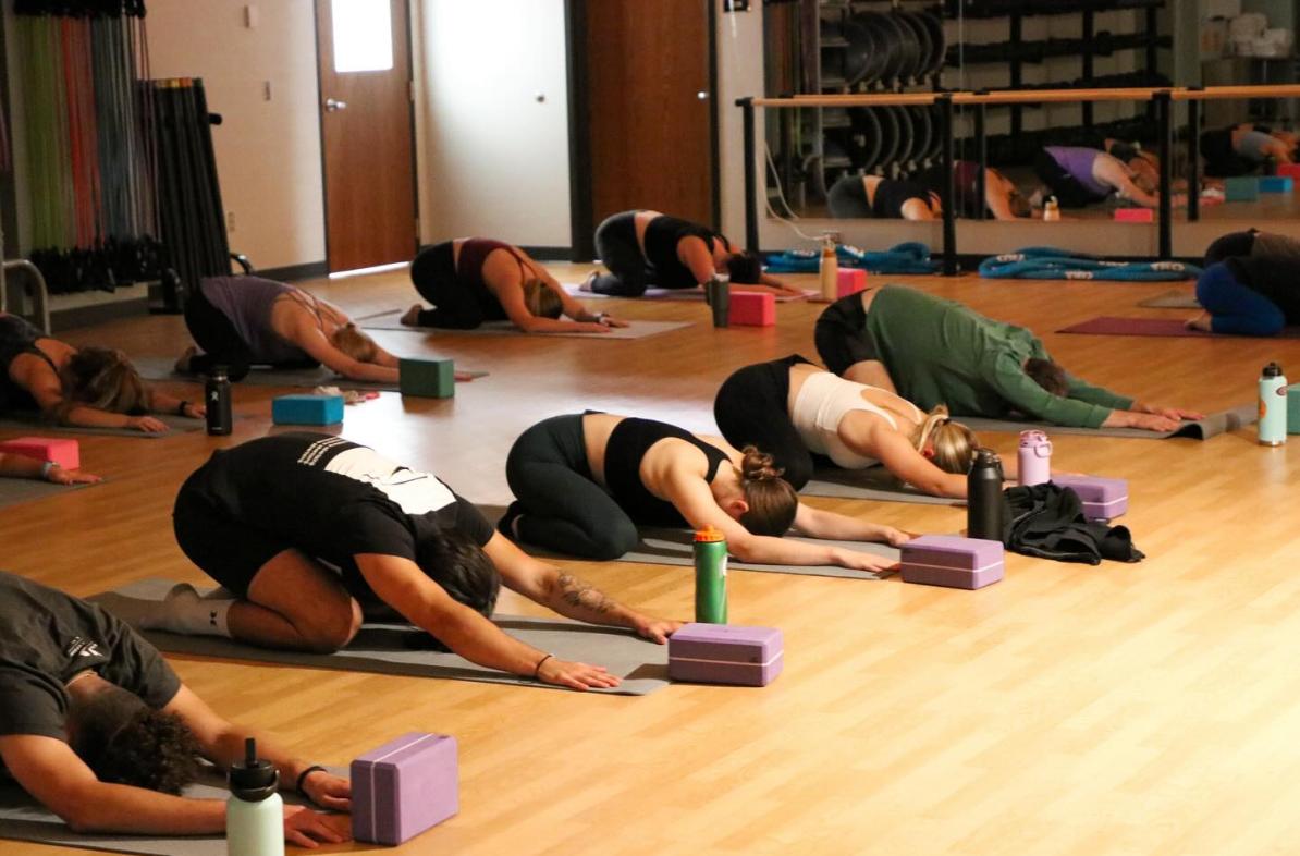 yoga class, indoors, all participant in child's pose face down