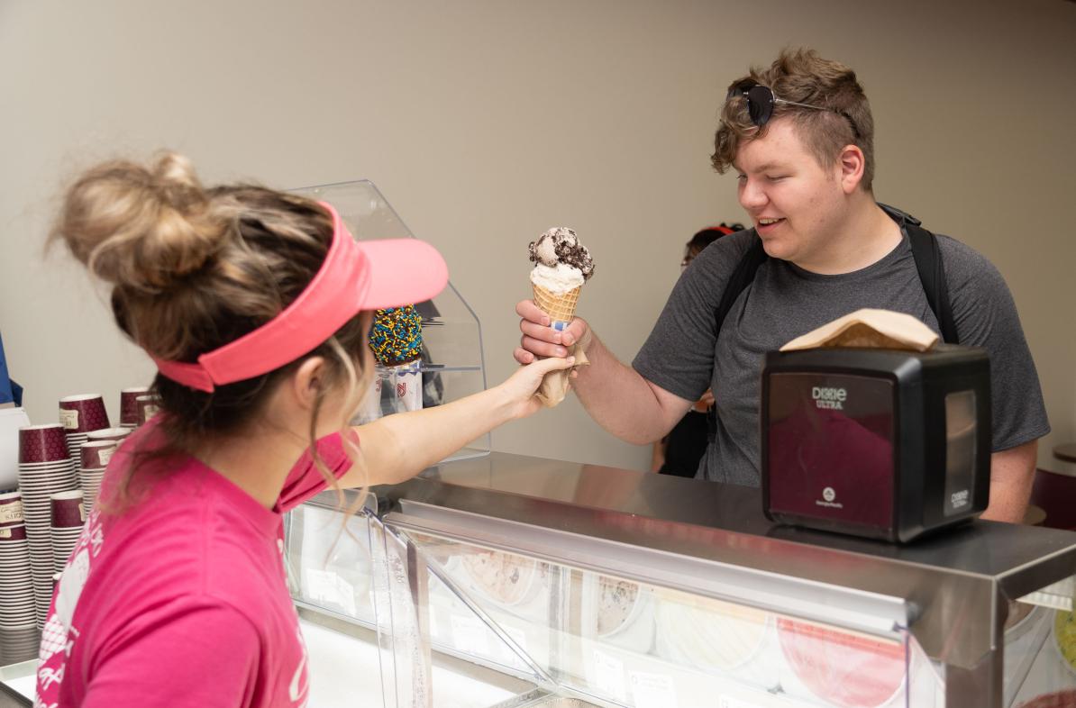 student getting ice cream cone at Olson's 