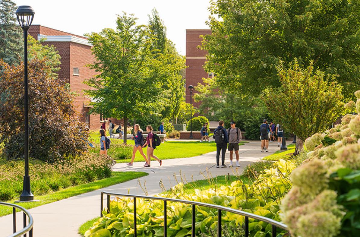 outdoor campus scene with students