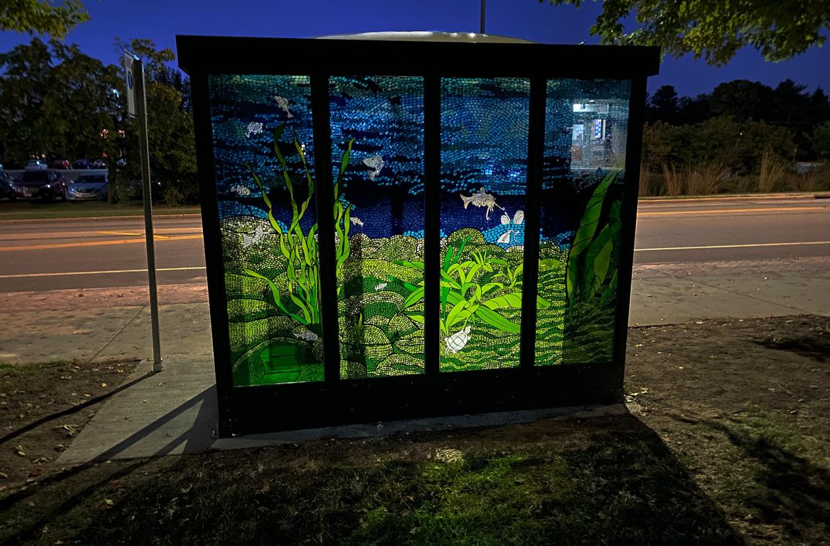 new bus stop art at night 