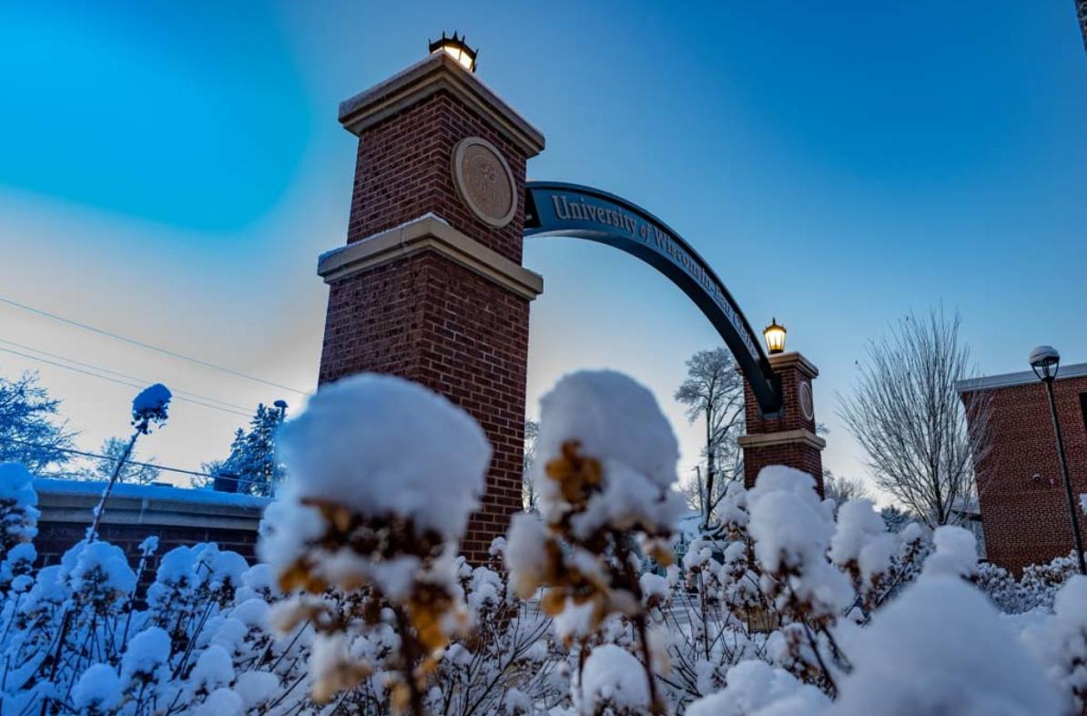 UW-Eau Claire Stowe Gateway with snow