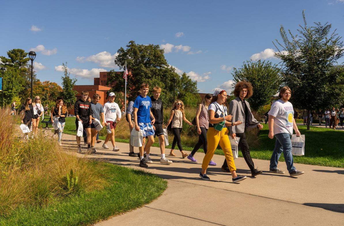 Prospective students walk across campus during Visit Day