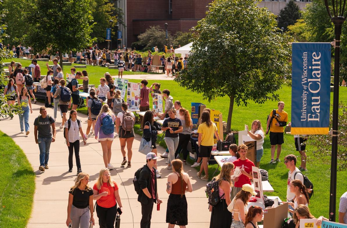 An aerial shot of BOBFEST, UWEC's annual Student Org Festival.
