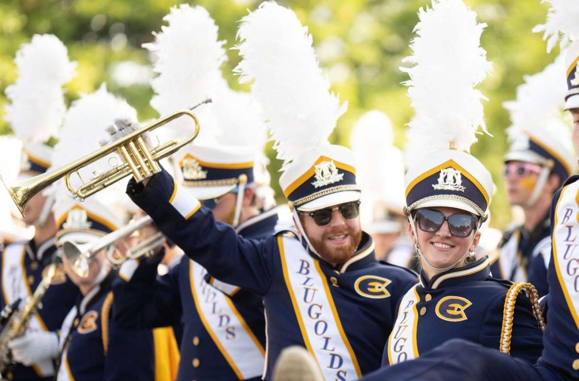 UWEC's Blugold Marching Band brass section dressed to the nines