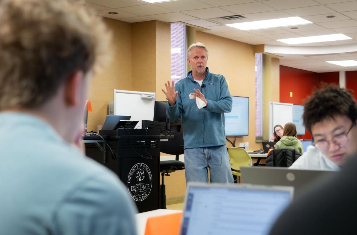 Evan Sveum in classroom in COB 