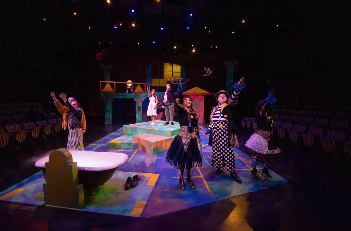 Eurydice production in Jamf theatre, group cast scene 