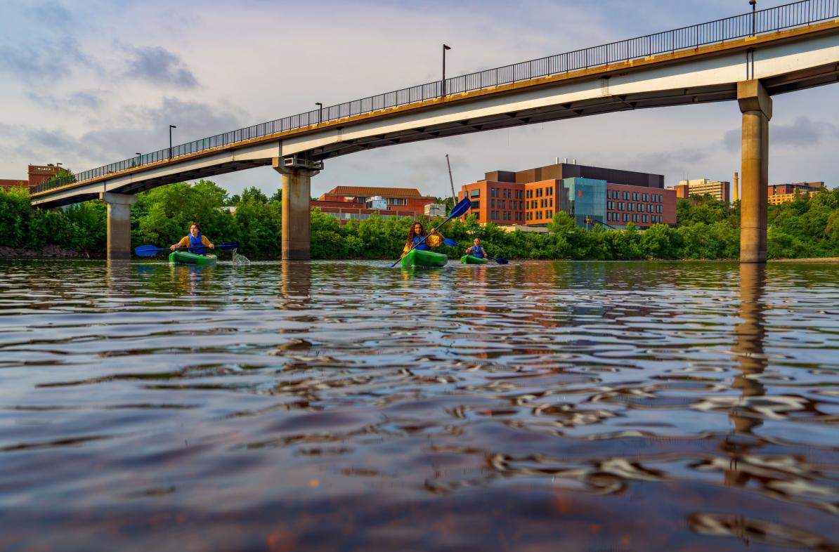Science building from river bank 