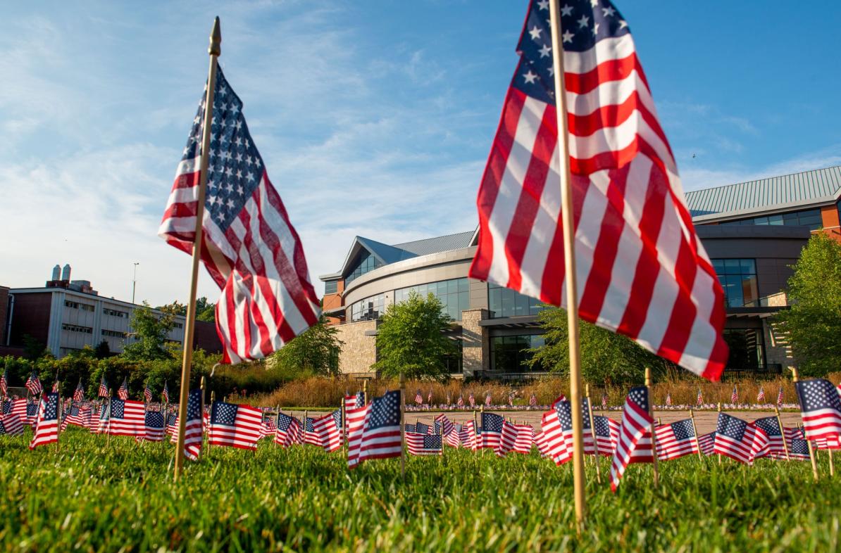 American flags campus mall