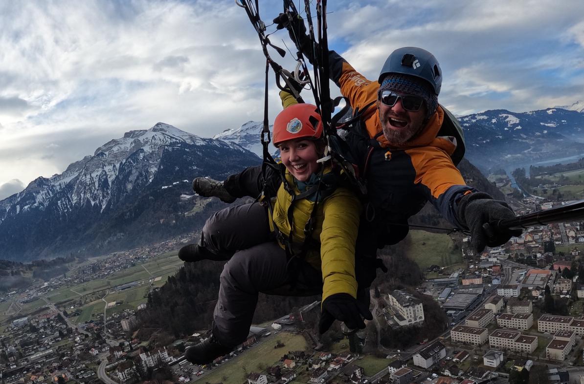 Rachel Stein skydiving with an instructor