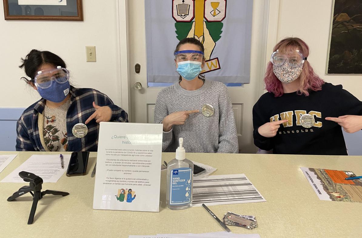 Blugolds (from left) Breida Torres Berumen, Lucy Hobbs and Claire Ganschow are capturing and preserving stories shared by Spanish-speaking populations in western Wisconsin about what life has been like during COVID-19.