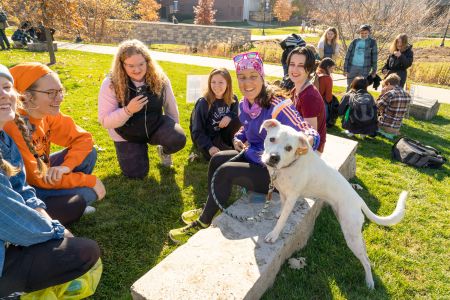 A group of students sitting on the grass and engaging with a friendly dog during the Bark Break event, enjoying a sunny day on campus.
