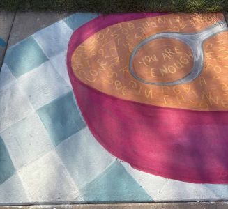 Chalk drawing of a bowl of alphabet soup- Audience Choice Winner for Chalkfest