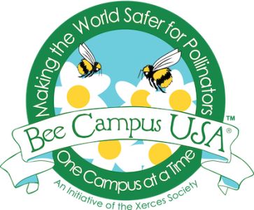 A circular logo with bees on cartoon flowers representing Bee Campus USA Certification