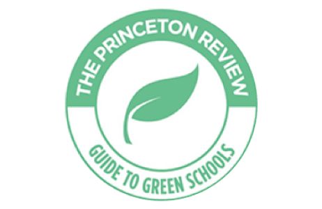 a green and white logo with a leaf in the middle and the words "Princeton Review Guide to Green Schools"