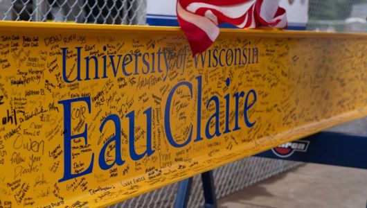 Hundreds of signatures cover the UWEC beam that will be displayed in the new Science and Health Sciences Building.