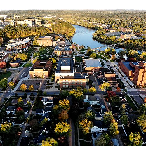Wide angle drone view of all campus and neighborhood