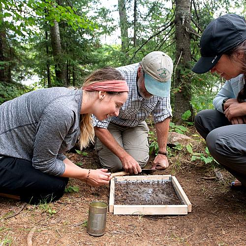Group of researchers examining a soil sample in a forested area, using a wooden frame and metal can, while kneeling on the ground and focusing on their outdoor fieldwork.