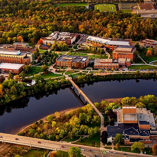campus aerial in fall colors starting 