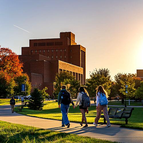 Students walk across campus as the fall sun sets.