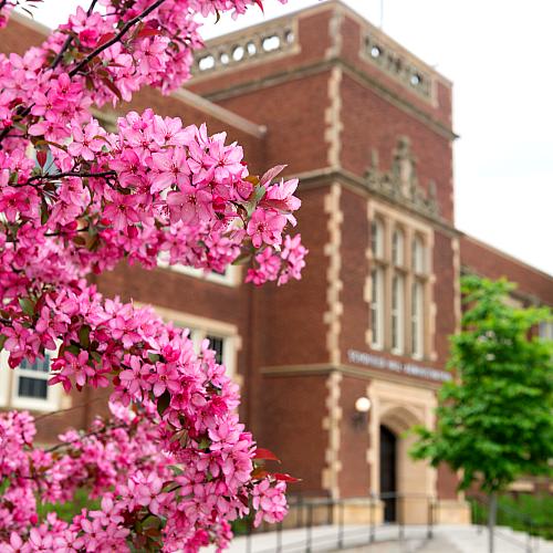 Schofield Hall in the spring with trees blooming.