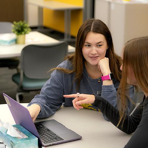 two female students at a table for a tutoring sessions, laptops on the table, both are looking at the screen